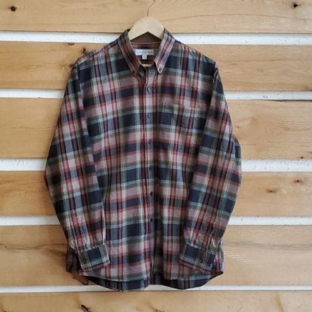Cutter & Buck Sz L Fall Colors Brown/Orange/Green Plaid Casual Button Down Shirt